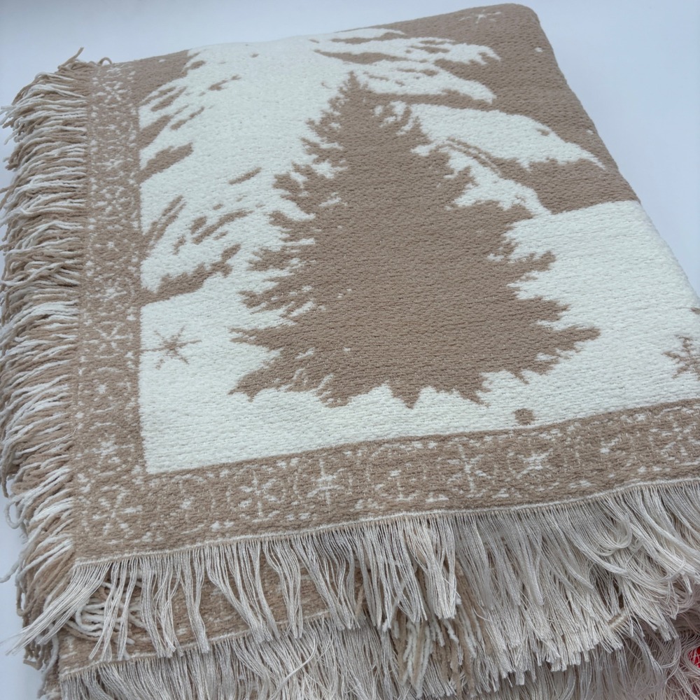 Aspen Decorative Christmas Throw Blanket Neutral Tan Cream Trees Deer Cabin - Picture 9 of 9